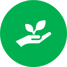Green circle with hand holding a plant sprout in white