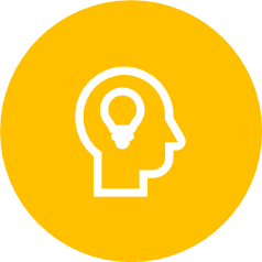 Yellow icon with a human head outline with a lightbulb inside in white